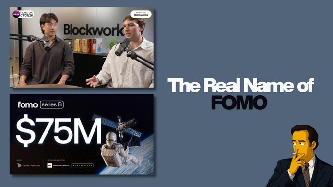 The image is a thumbnail/promotional graphic titled "The Real Name of FOMO," featuring two podcast hosts discussing Fomo alongside a graphic announcing "$75M" with "fomo series B" text, referencing the crypto trading app highlighted in the post.