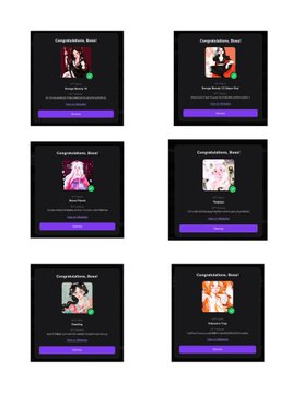 A grid of six mobile app interface screens displaying "Congratulations, Brace!" messages with various character avatars and purple call-to-action buttons.
