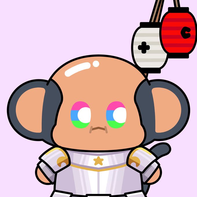 A cartoon illustration of a character with large mouse-like ears wearing white armor with a star emblem, featuring colorful rainbow eyes.