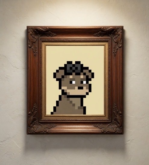 The image features a wooden frame with a picture of a small dog inside, wearing a black bow around its neck. The dog appears to be looking directly at the camera. The caption below the photo reads "My starter dog @doginaldogs #CryptoTonya #NFTcollector". This suggests that the image is related to a collection or series of digital art pieces featuring dogs and possibly other animals, with a focus on the concept of digital art and its potential applications in various fields.