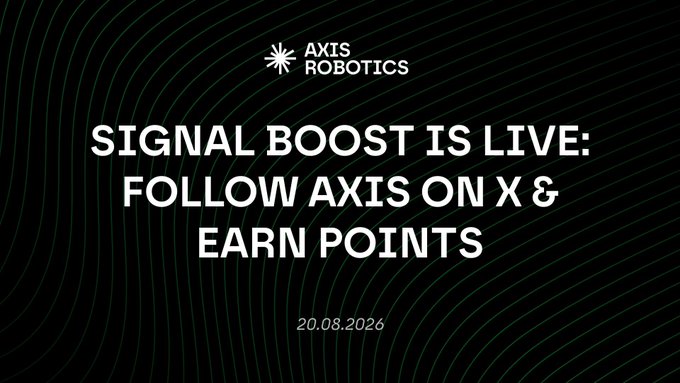 A promotional graphic for Axis Robotics features their logo and the announcement 'SIGNAL BOOST IS LIVE: FOLLOW AXIS ON X & EARN POINTS' dated 20.08.2026.