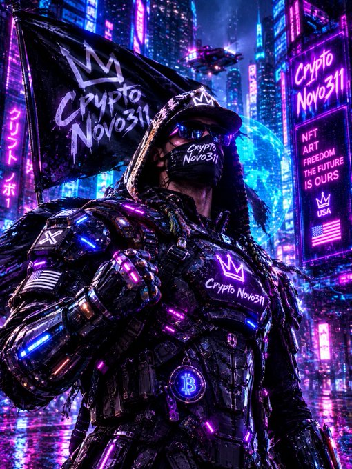 A cyberpunk-style digital illustration of a hooded, armored warrior holding a flag with 'Crypto Novo311' graffiti, set against a neon-lit cityscape with signs reading 'NFT ART FREEDOM THE FUTURE IS OURS'.