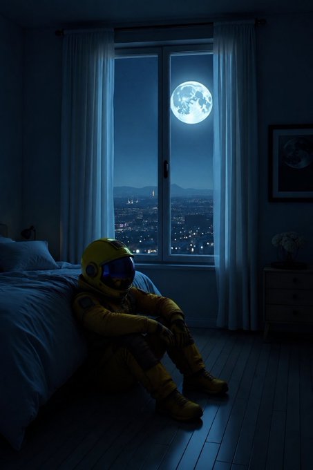 A digital illustration of an astronaut in a yellow spacesuit sitting on the floor of a dimly lit bedroom, looking out a large window at a full moon and a city skyline at night.