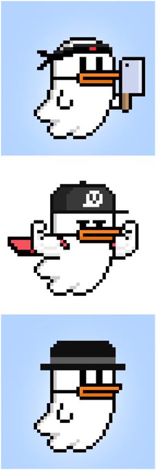 A vertical trio of pixel-art ghost ducks, each sporting a different head accessory—an axe, a backwards baseball cap with a "D" logo, and a black fedora—representing collectible characters from the Dead Pixels Club community.