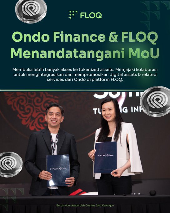 An announcement graphic showing two people holding folders, with text reading "Ondo Finance & FLOQ Menandatangani MoU" and the FLOQ logo, indicating a partnership for tokenized assets.