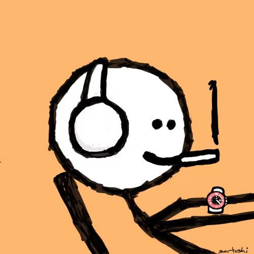 A simple digital drawing of a smiling white stick figure with a ponytail smoking a cigarette, wearing a pink watch against an orange background.