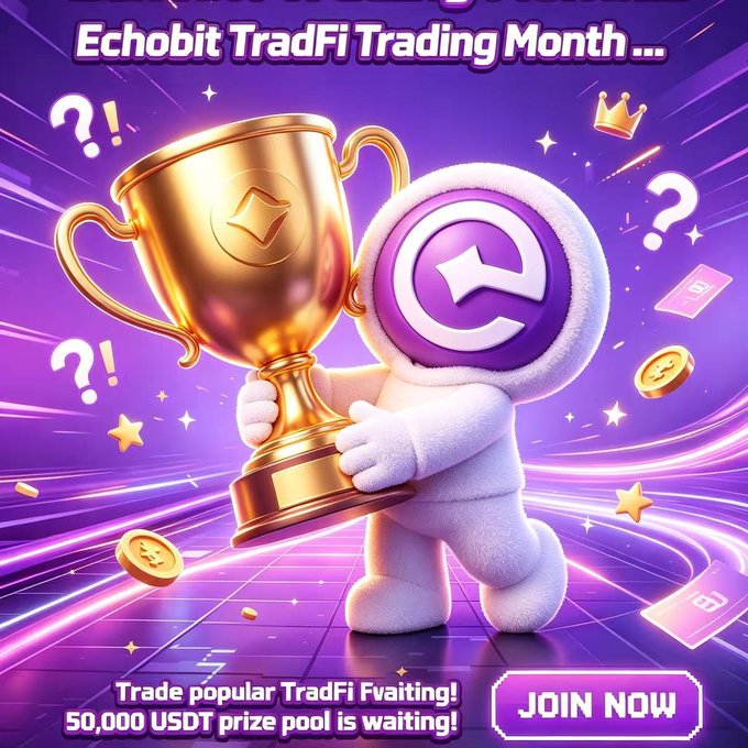 An advertisement for 'Echobit TradFi Trading Month,' featuring a white mascot character holding a golden trophy, offering a 50,000 USDT prize pool for trading TradFi tokens.