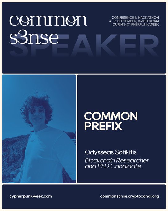 A blue promotional graphic for the "CommonS3nse" conference and hackathon during Cypherpunk Week (4-5 September, Amsterdam), featuring speaker Odysseas Sofikitidis, a Blockchain Researcher and PhD Candidate.