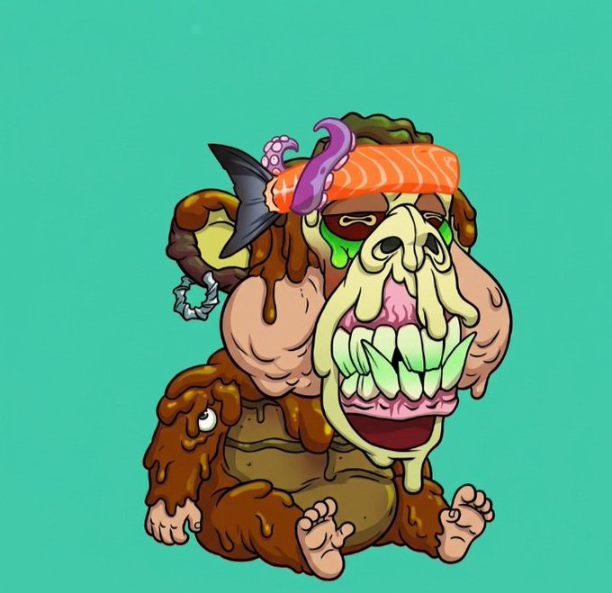 A grotesque cartoon illustration of a mutated creature with bulging eyes, a wide mouth full of sharp teeth, and a small octopus-like creature on its head, set against a teal background.
