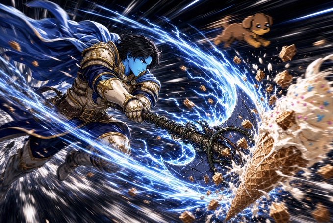 An anime-style fantasy warrior in blue and gold armor swings a weapon amid swirling blue energy, accompanied by a small brown cartoon dog flying through the air.