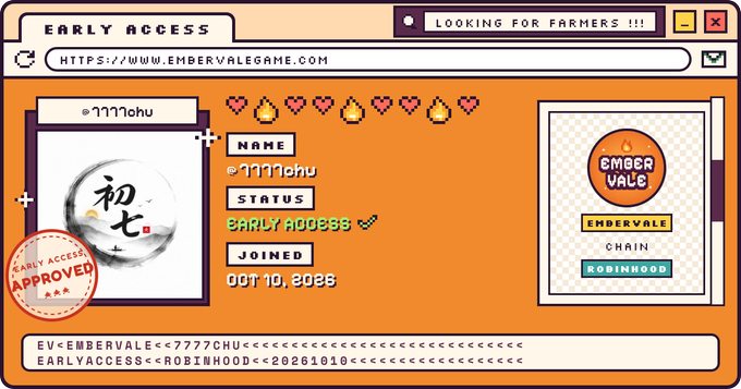 A digital graphic for 'Embervale' Early Access featuring pixel art elements, text 'LOOKING FOR FARMERS !!!', user 'o777chu' with 'EARLY ACCESS' status, and chain 'ROBINHOOD'.
