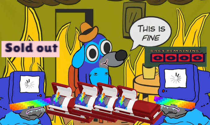 The image is a meme based on the "This Is Fine" cartoon, featuring the iconic blue dog calmly wearing a hat while surrounded by flames, "Sold out" signs, and a "BAGS REMAINING" counter all showing zeros. In front of him are several open treasure chests spilling colorful NFTs, symbolizing that despite the $RONKE token being rugged and sold out to bots during its FCFS mint, everything is supposedly "fine" while the CyberKongz community and legal team handle the situation.