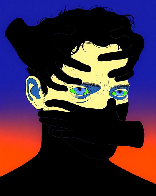 A stylized illustration of a man with green eyes, his face partially obscured by black hand silhouettes against a blue and orange gradient background.