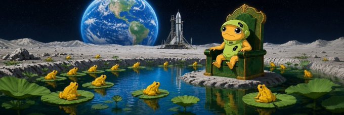 A green Pepe-like frog sits enthroned on a golden chair surrounded by golden frog statues on lily pads, with Earth and a rocket visible in the background—imagery that aligns with the post's "TURBO" meme coin narrative, evoking themes of moon-bound, community-driven crypto ambition.