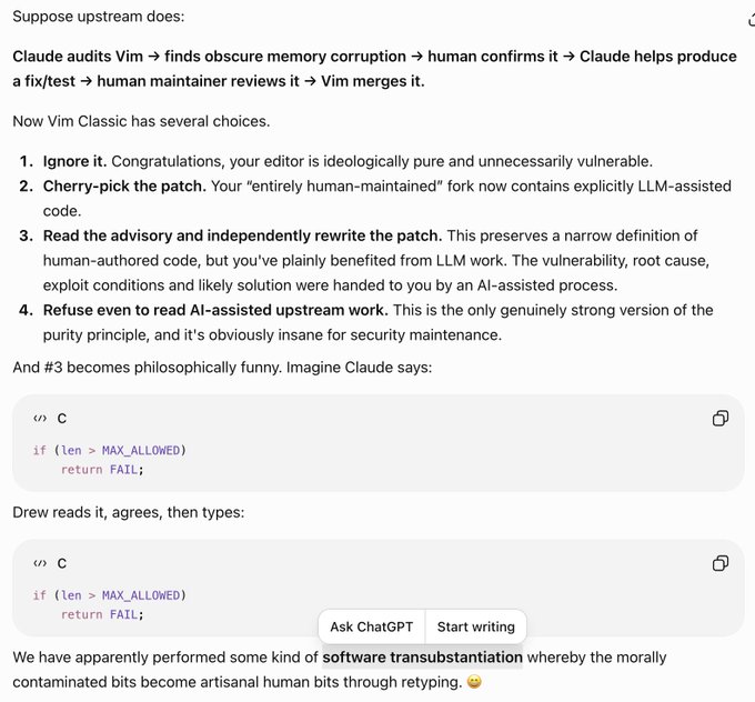 A text excerpt discussing AI-assisted upstream contributions in Vim, with code snippets showing identical 'len > MAX_ALLOWED' checks and a joke about 'software transubstantiation' making AI-contaminated bits into human-authored code.