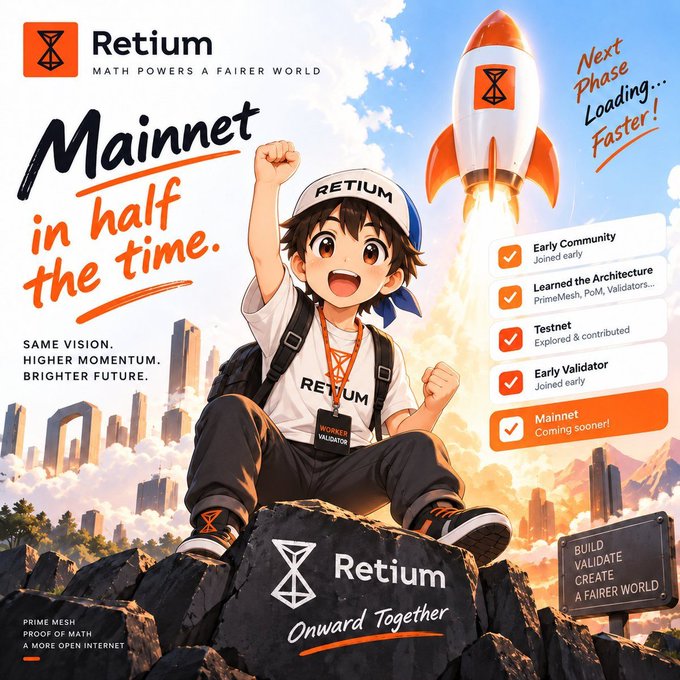An anime-style promotional poster for "Retium" features a character wearing Retium merchandise with a rocket launching behind them, advertising "Mainnet in half the time" with checkpoints like "Early Community" and "Testnet" checked off.