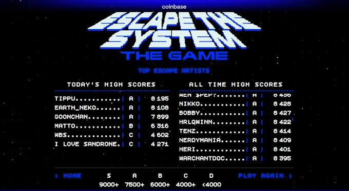 The image shows a computer screen displaying a list of high scores for an Escape The System game, with the top 200 scores at the bottom. The text "Spent way too long on this @coinbase escapethesystem.gg (top 200 get sprays btw!)" is written above the list of high scores. This suggests that someone has spent a significant amount of time playing the game and has achieved impressive results, possibly reaching the top 200 scores or higher.