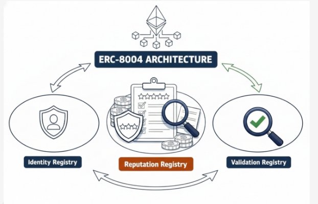 The image shows a graphic representation of an architecture diagram, which includes three different elements related to identity, reputation, and validation. The first element is a shield with a person's face on it, symbolizing identity. The second element is a magnifying glass, representing reputation. The third element is a magnifying glass labeled "Validation", indicating the process of verifying someone's identity or reputation. These elements are interconnected through arrows, suggesting that they work together to establish trust and authenticity in an online environment.
