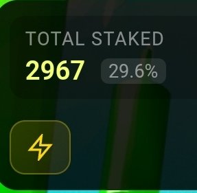 A dark screen showing a 'TOTAL STAKED' value of 2967 with 29.6% next to it, and a lightning bolt icon in a square button.