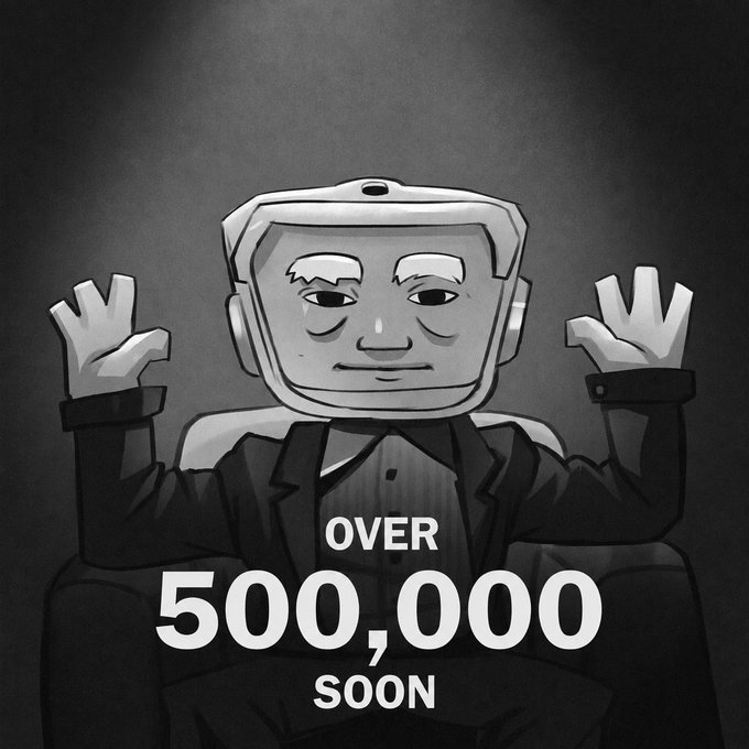 A black-and-white cartoon shows a blocky, LEGO-like figure wearing a headset with a calm expression, raising both hands, with bold text reading "OVER 500,000 SOON." The image visually represents the post's prediction that the @OriginalBlokyz raffle could surpass 500,000 entries before it closes.