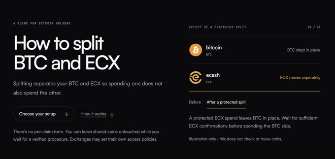 A dark-themed informational graphic titled 'A Guide for Bitcoin Holders: How to split BTC and ECX,' illustrating how a protected split separates bitcoin (BTC) from ecash (ECX).
