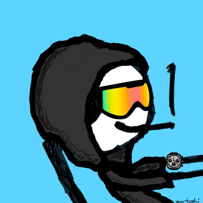 A digital drawing of a character in a black hood wearing large, colorful reflective ski goggles, smoking a cigarette, and sporting a watch, set against a bright blue background.