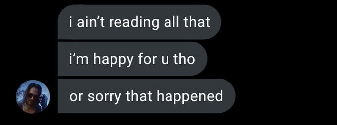 The image shows a meme of three dark gray text bubbles reading "i ain't reading all that," "i'm happy for u tho," and "or sorry that happened," mocking the poster's lengthy independent accounting report about the $LAPTOP token's chaotic post-launch performance.