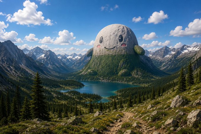 A giant smiling mountain creature with a face looms over a serene alpine lake, towering above the surrounding peaks and forests. The whimsical, world-dominating figure embodies the "$CUPSEY" character's unstoppable rise, with the massive scale symbolizing the inevitable journey to 100M.
