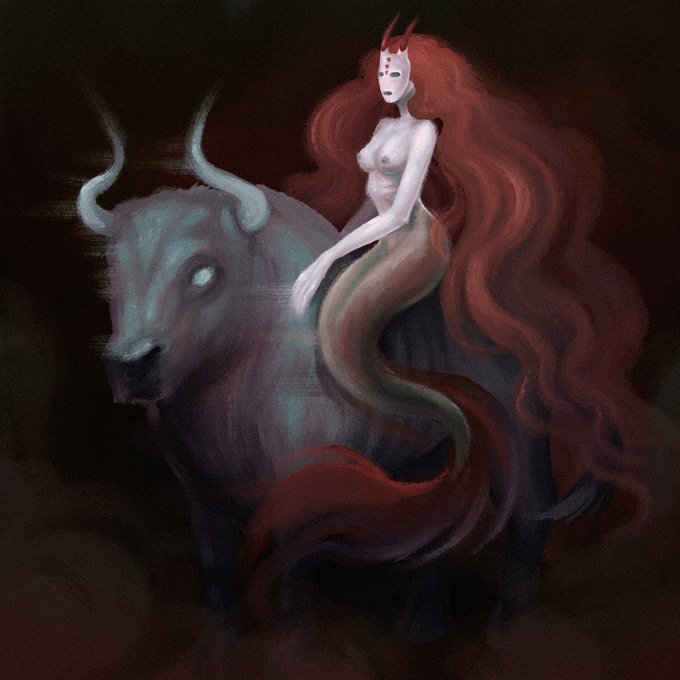 A digital painting depicts a pale, horned female figure with flowing red hair riding atop a large, dark bull-like creature against a shadowy background.