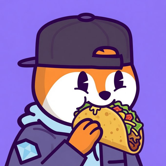 A cartoon orange fox character wearing a backwards black cap and blue jacket happily eats a large taco against a purple background.