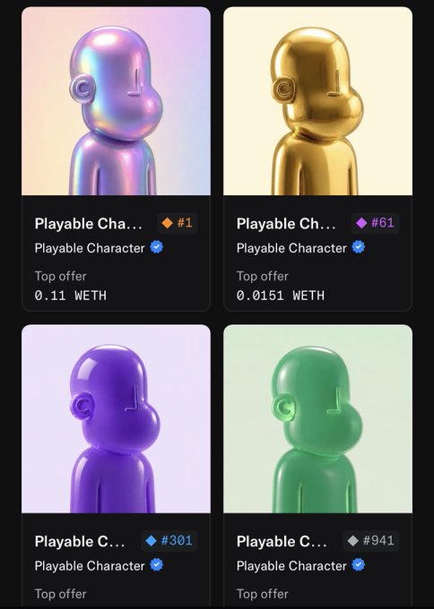 A screenshot showing four digital collectible listings for 'Playable Character' NFTs in iridescent, gold, purple, and green colors, priced in WETH.
