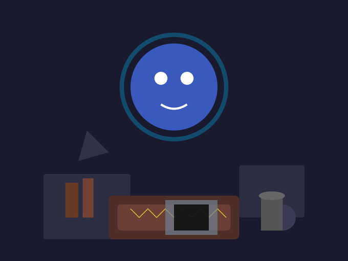 A simple digital illustration features a smiling blue face icon above geometric shapes and an abstract device with zigzag lines.