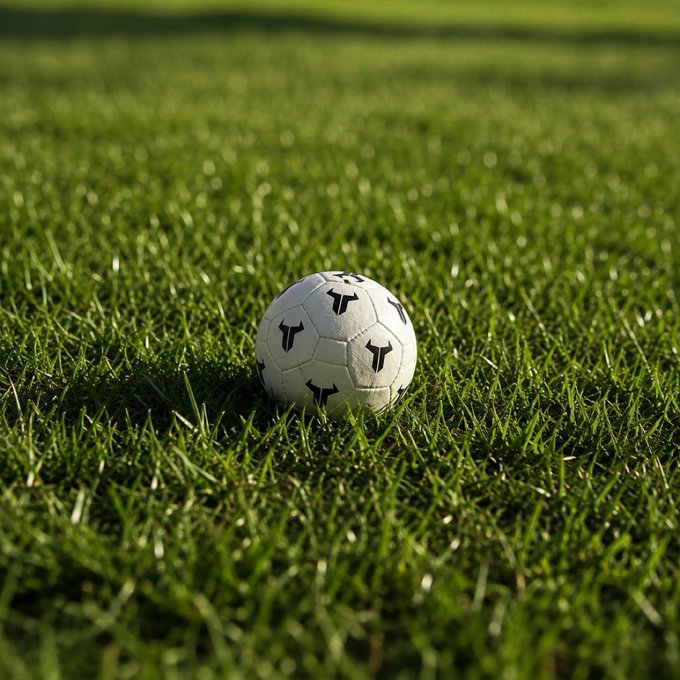 A white soccer ball with black markings resting on lush green grass in a close-up photograph.