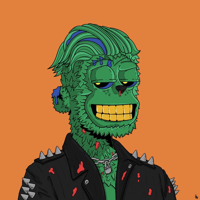 A digital cartoon illustration of a green furry ape-like character with blue streaks in its hair, yellow teeth, wearing a silver chain with a padlock and black jacket with spikes.