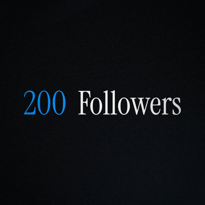 A minimalist black background displays the text "200 Followers" in white and blue serif font, celebrating a follower milestone. This image pairs with a $15 giveaway post, likely shared to boost engagement and help reach the 200-follower mark.