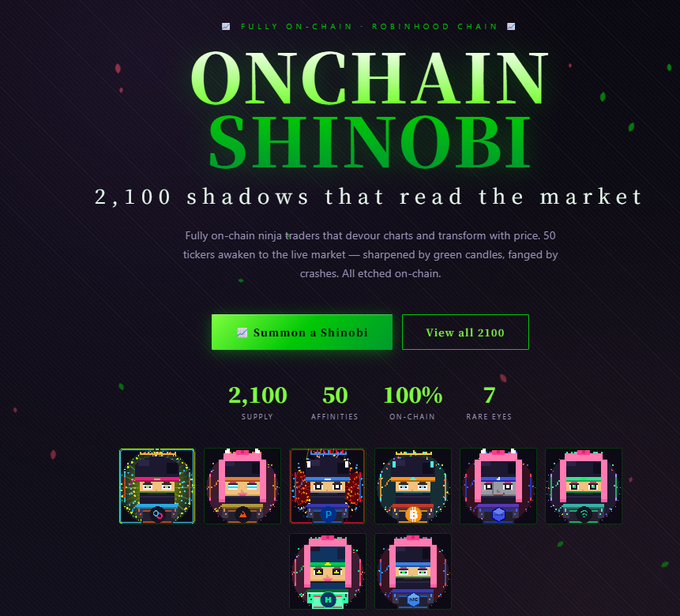 Landing page for 'ONCHAIN SHINOBI' NFTs on the Rosinhood Chain, advertising 2,100 supply ninja trader characters with 50 affinities, 100% on-chain, and 7 rare eyes.