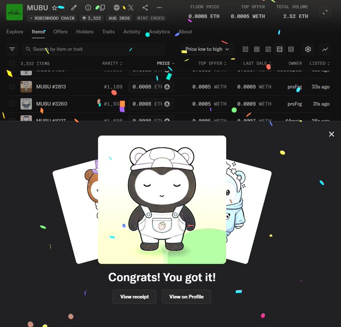 A screenshot from the MUBU NFT marketplace on Robinhood Chain showing a successful mint with a pop-up that says 'Congrats! You got it!' displaying a panda character in overalls.