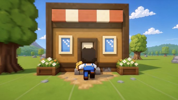 The image shows a small wooden building with a red roof, situated in a field surrounded by trees. A man wearing a blue shirt and hat stands outside of the building, possibly tending to his crops or animals. The scene also includes several potted plants scattered around the area, adding to the overall atmosphere of the setting.