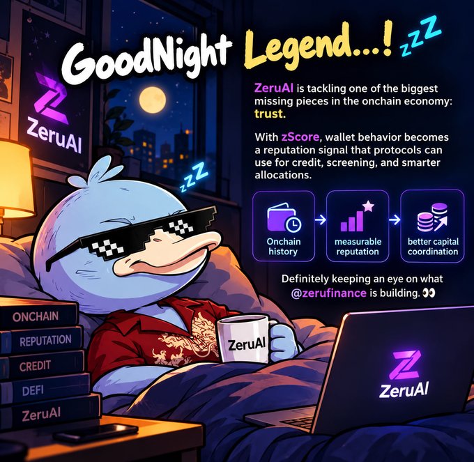 An illustrated promotional image for 'ZeruAI' featuring a cartoon character sleeping with pixel sunglasses and a mug, with text reading 'GoodNight Legend..!' and explaining how zScore provides reputation signals.