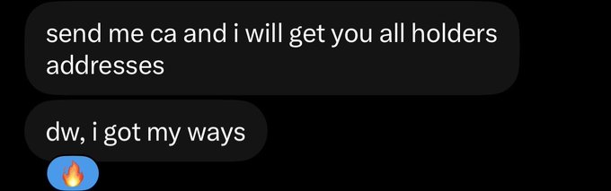 A screenshot of a dark-themed chat conversation reading 'send me ca and i will get you all holders addresses' and 'dw, i got my ways' followed by a fire emoji.