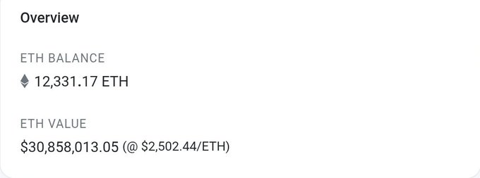 An Ethereum wallet overview shows a balance of 12,331.17 ETH valued at $30,858,013.05 (at $2,502.44/ETH), which appears to back up the poster's claim that over $30 million has been sent to the OriginalBlokyz raffle, though their single entry gives them very low odds of winning.