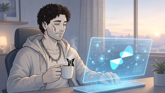 A young man with curly dark hair and a scar on his cheek sits at a desk, sipping from a mug while working on a glowing holographic laptop displaying a network node diagram with the Morpheus logo at the center. The image visually echoes the post's description of a quiet morning spent testing a logistics optimization on the Morpheus testnet, where the network automatically matched hybrid capacity and returned verified results.