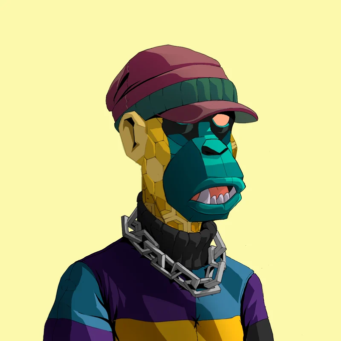 A stylized digital illustration shows a figure with a green and yellow angular face wearing a maroon cap and a thick silver chain, set against a pale yellow background.
