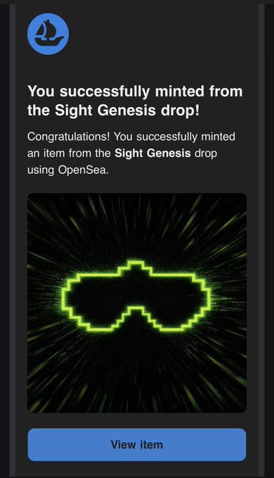 A dark-themed OpenSea notification reading 'You successfully minted from the Sight Genesis drop!' featuring a pixelated green bat-like icon above a 'View item' button.