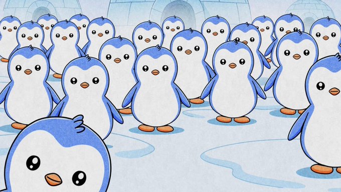 The image features a group of penguins standing together, all dressed in blue. The penguins are arranged in rows, with some standing closer to the front while others are further back. There are at least 14 penguins visible in the scene. The image does not provide any information about Web2 Brands or NFTs, and it does not discuss how these partnerships benefit Pudgy Penguins or the NFTs.