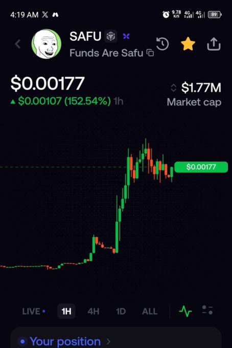 A cryptocurrency trading app screenshot showing the SAFU token ('Funds Are Safu') with a price of $0.00177, a 152.54% increase (~$0.00107) in the past hour, and a market cap of $1.77M, displayed alongside a 1H candlestick chart.