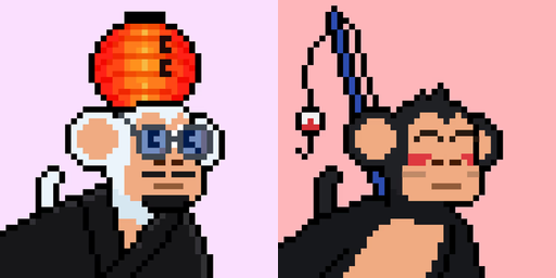 Pixel art showing two monkeys - one with an orange hat, white hair, and blue sunglasses on the left, and another darker monkey with a fishing rod on the right.