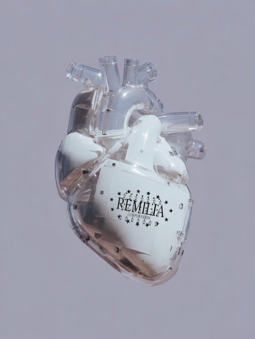 A transparent anatomical heart model containing a label that reads 'REMHEIA CORPORATION' surrounded by stars.
