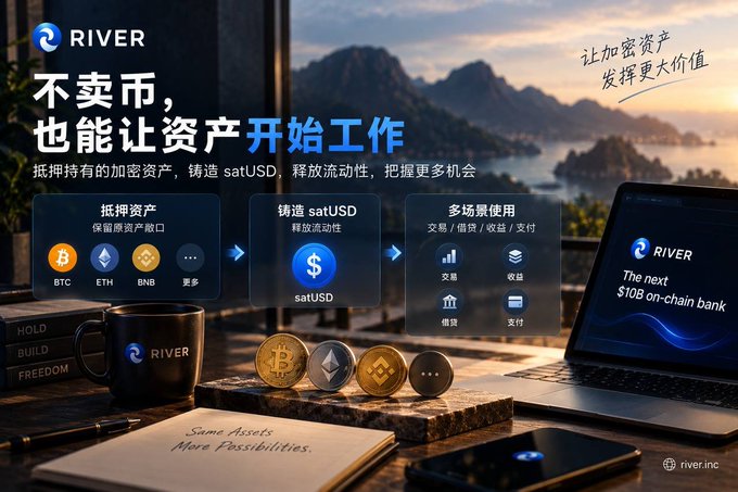 Promotional advertisement for RIVER featuring a scenic mountain view with the slogan "不卖币，也能让资产开始工作" (Don't sell coins, let your assets start working), highlighting crypto asset pledging to mint satUSD for trading, lending, and payments, with a laptop displaying "RIVER - The next $10B on-chain bank."