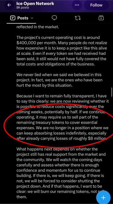 A screenshot of an Ice Open Network post acknowledging they may need to sell remaining treasury tokens to cover essential operating expenses, with a circled passage highlighting the team's statement that "it may require us to sell part of the remaining treasury tokens to cover essential expenses" after carrying losses of roughly $8 million.